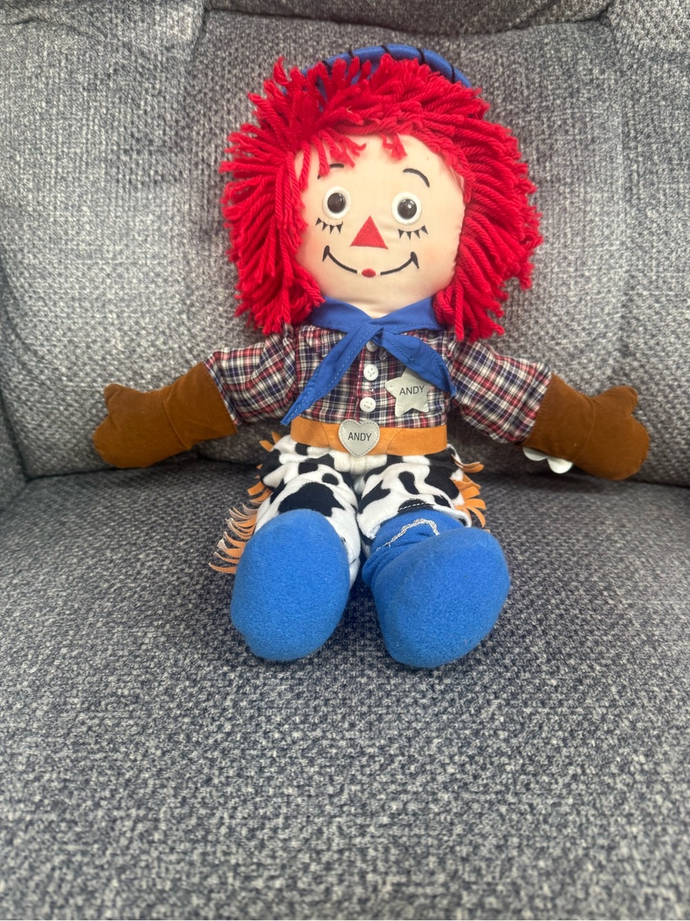 Blue-Clad Rag Doll with Red Yarn Hair - Plush